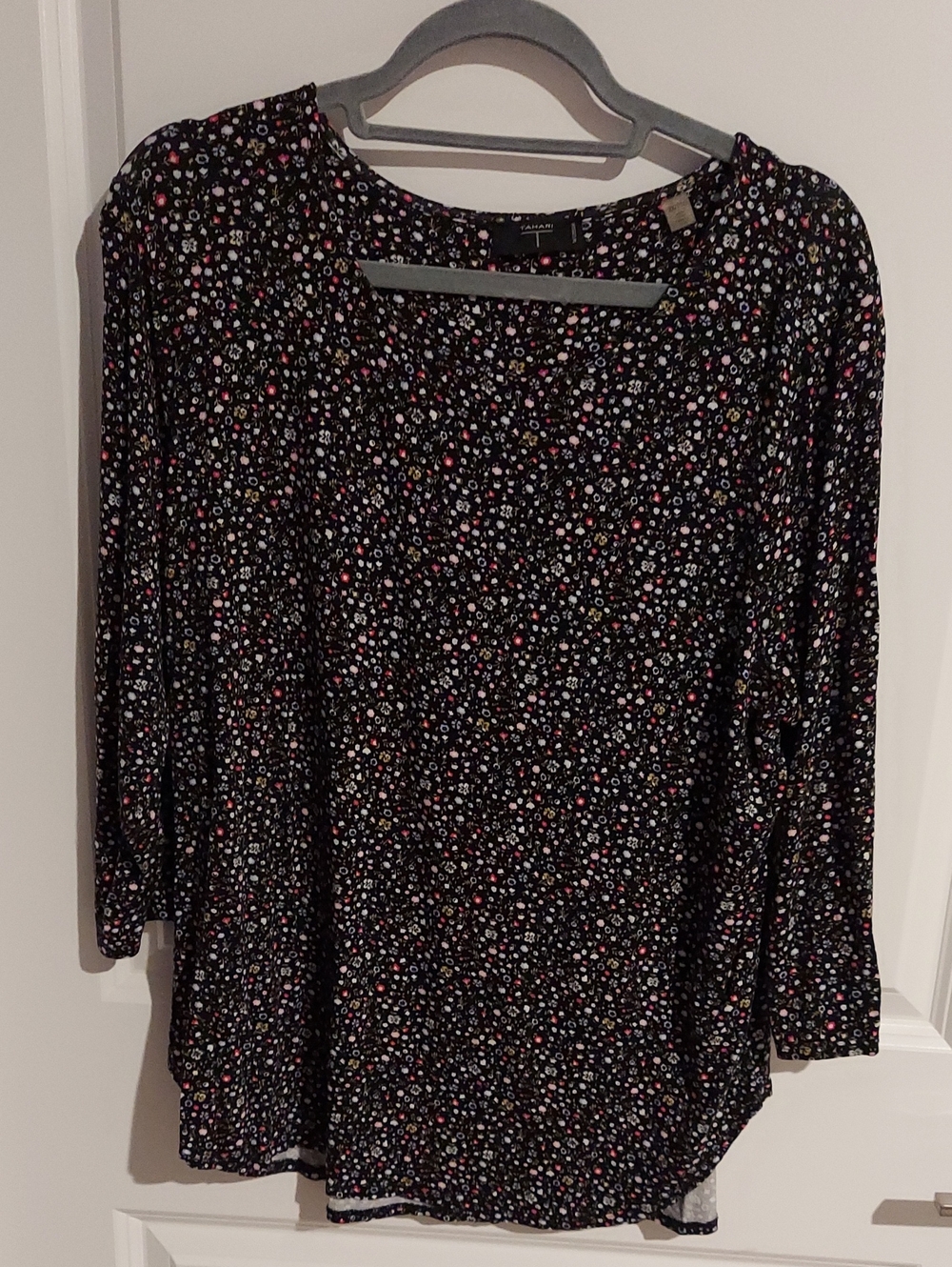 Tahari Black Floral Long-Sleeve Scoop Neck Top